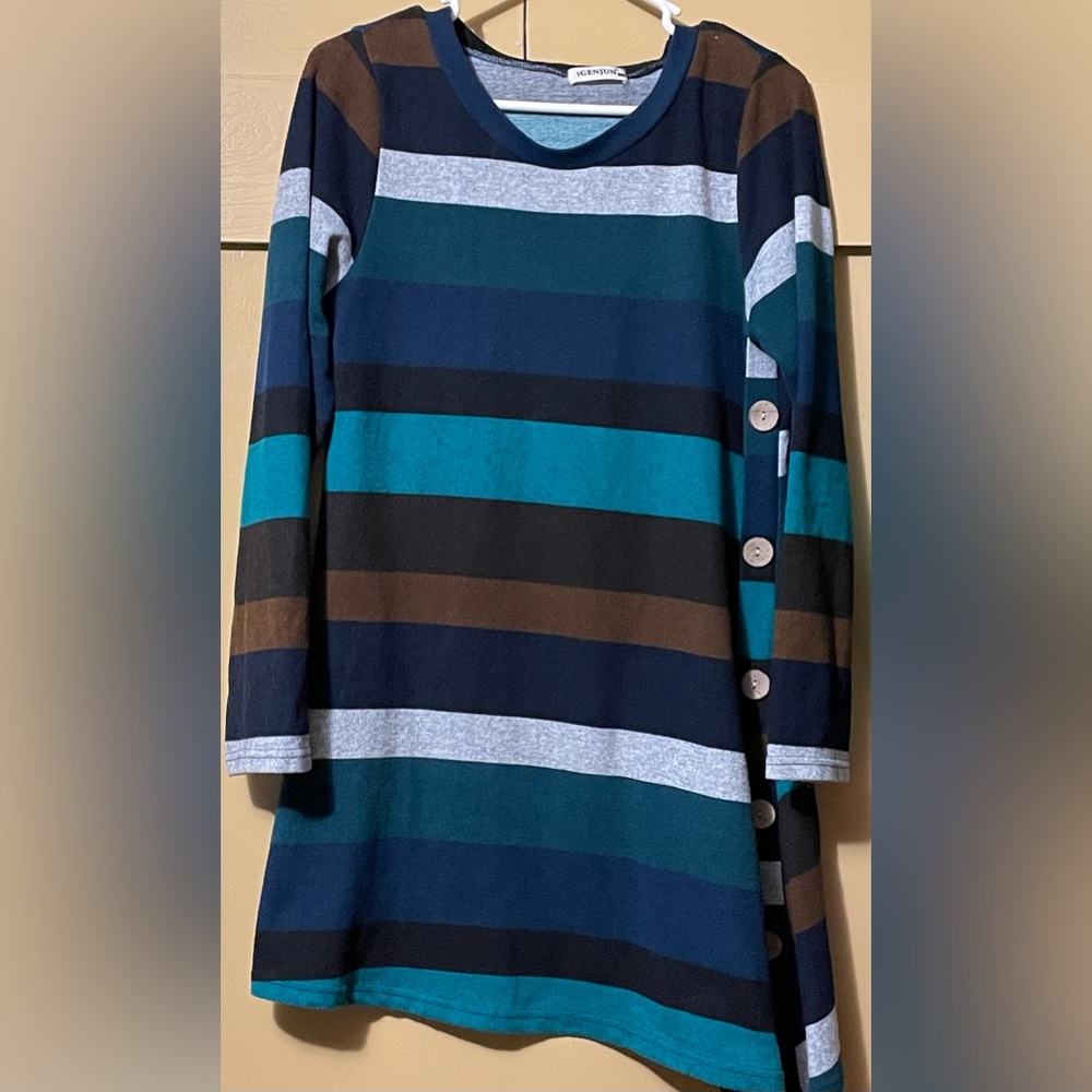 Igenjun striped brushed knit button side sweater dress